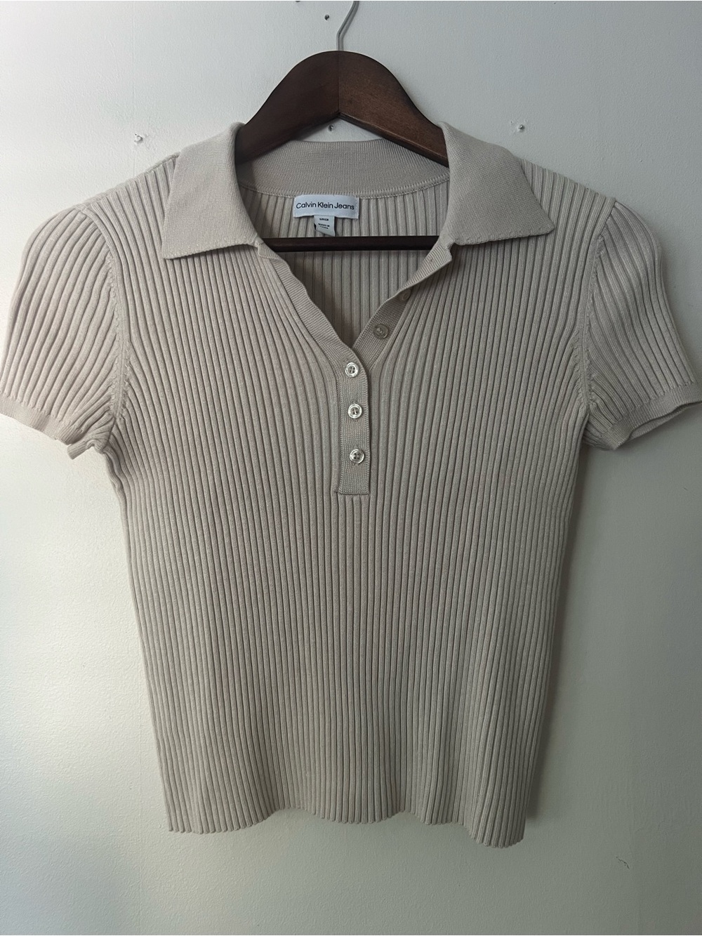 Calvin Klein Jeans minimalist Beige Ribbed Polo Sweater Top , Womens S